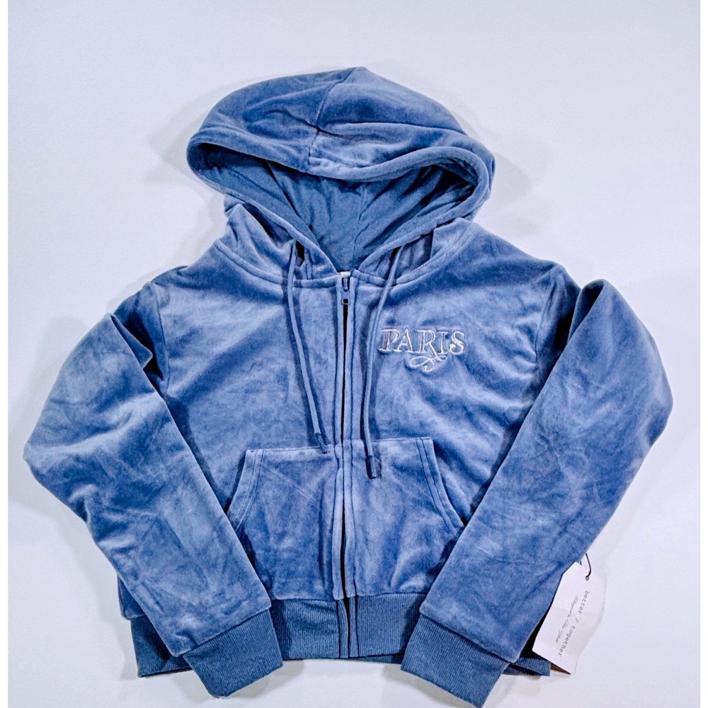 Better Together Velour Hoodie Zip Up Cropped Paris Graphic Blue Women Medium NWT